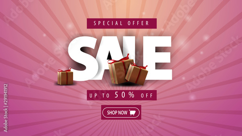 Special offer, sale up to 50% off, horizontal pink discount banner with gift boxs