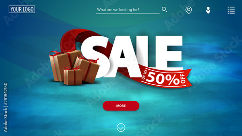 Sale up to 50% off, blue discount template for website with gift boxs