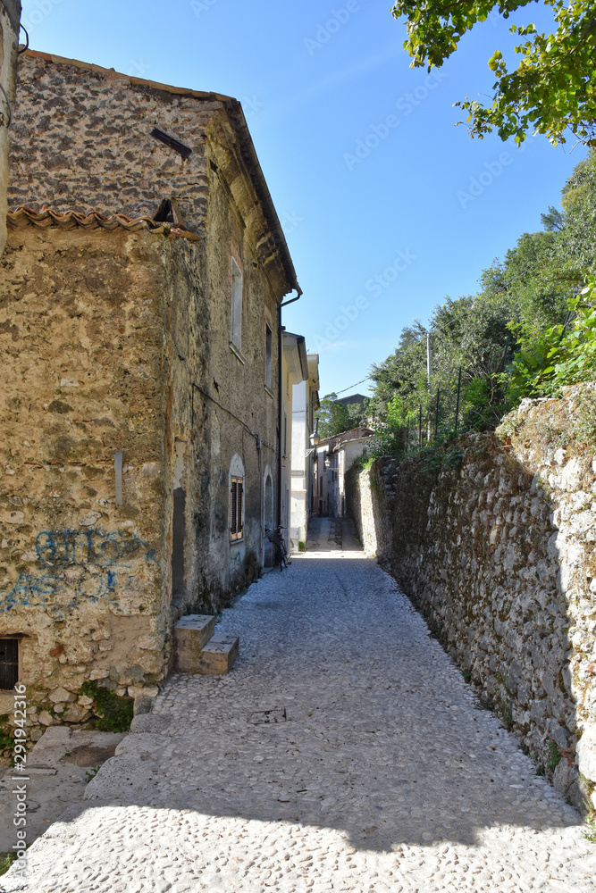 A narrow street among the old houses of a medieval village.