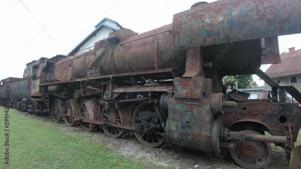 4K right pan backwards abandoned rusted coal steam locomotive steel wagons 4K right pan backwards abandoned rusted coal steam locomotive steel wagons
