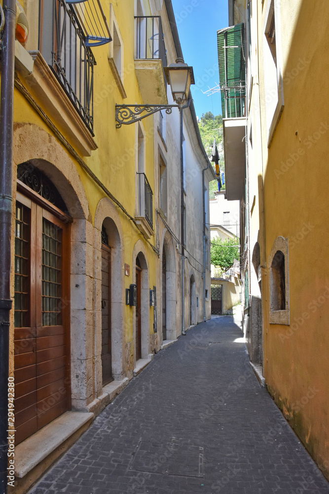 A narrow street among the old houses of a medieval village.