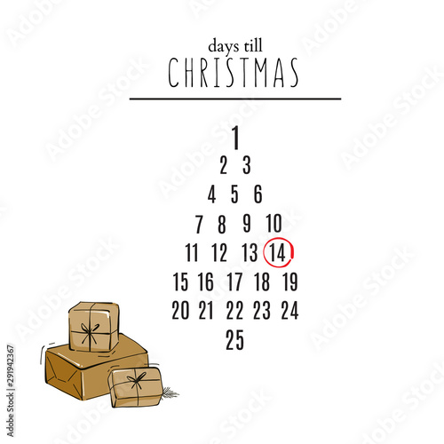 Days till Christmas countdown with hand-drawn gifts and calendar greeting invitation, advertising, social media post, blog article, website banner, invitations, wallpaper, fabrics, typography