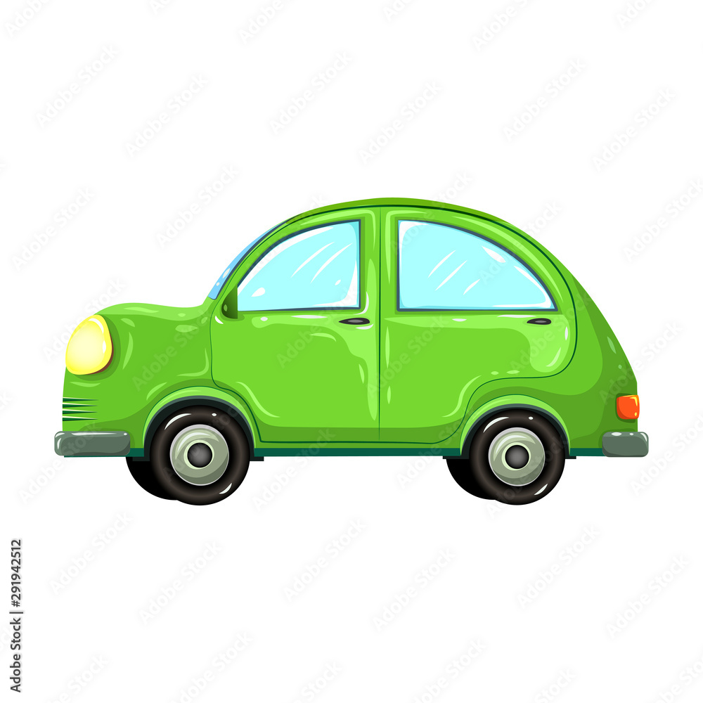 illustration of colorful green car isolated on white background. hatchback green car side view. comic, or cartoon auto. green car in retro style. drawn eco friendly traveler car.