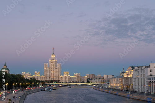 Moscow river and Kotelnicheskaya skyscraper in the evening.