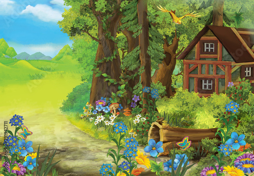 Fototapeta Naklejka Na Ścianę i Meble -  cartoon summer scene with meadow in the forest and hidden wooden house illustration for children