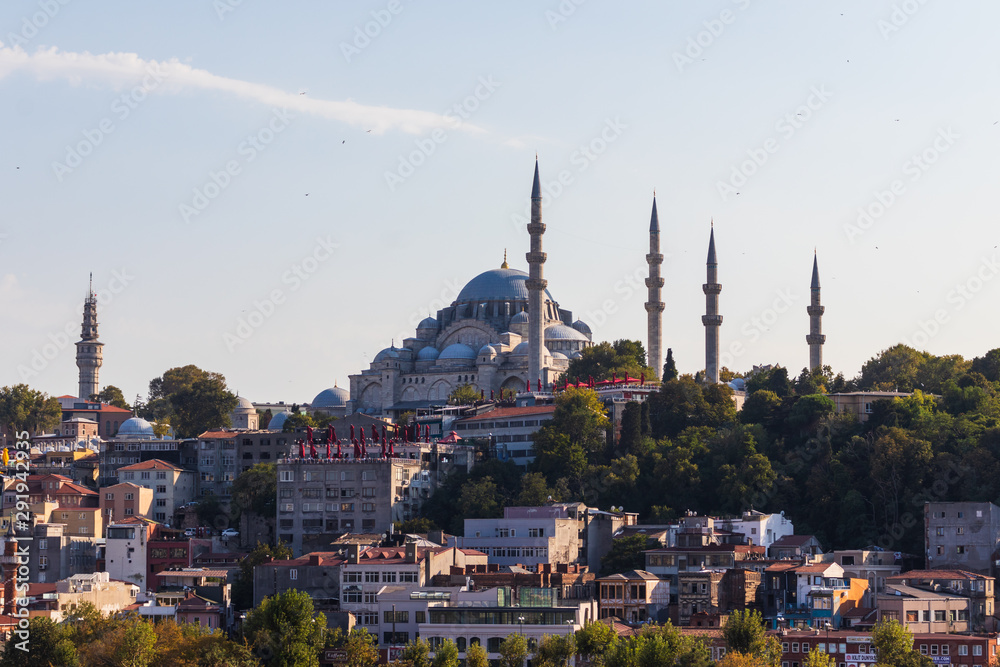 View of the Suleymaniye mosque and surrounding buildings on a bright day in Istanbul / Turkey