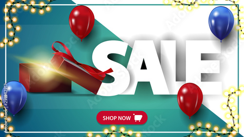 Sale, horizontal discount banner with gift box and balloons