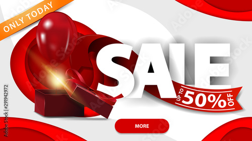 Sale, horizontal red and white discount banner in paper cut style with gift box and balloon
