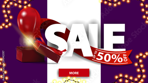 Sale, up to 50% off, horizontal purple and white discount banner with large letters, red ribbon, gift box and balloon