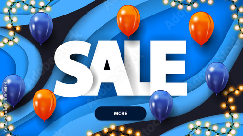 Sale, horizontal blue discount banner in paper cut style with orange and blue balloons