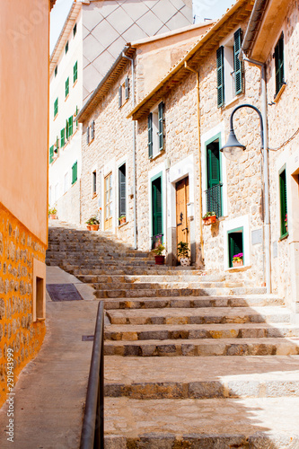 Old town street on Palma de Mallorca with beautyful house and stairs