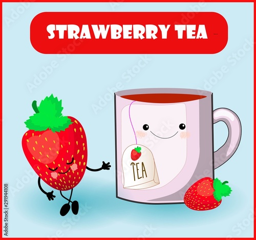 Strawberry Tea logo for the product. Kawaii cute characters. Cup and red berry with a face and a smile..