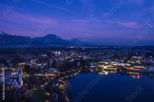 View of the lake and the city of Bled, Julian Alps, Slovenia, by night.