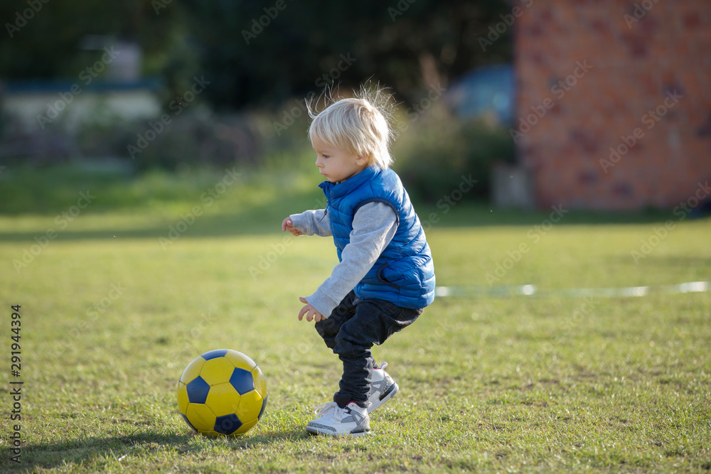 Little toddler boy, playing with soccer ball on playground in the park