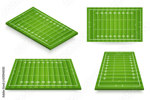 American football field vector illustration. Football pitch set in various angle views. Stadium icon isolated on white. Element for your design.