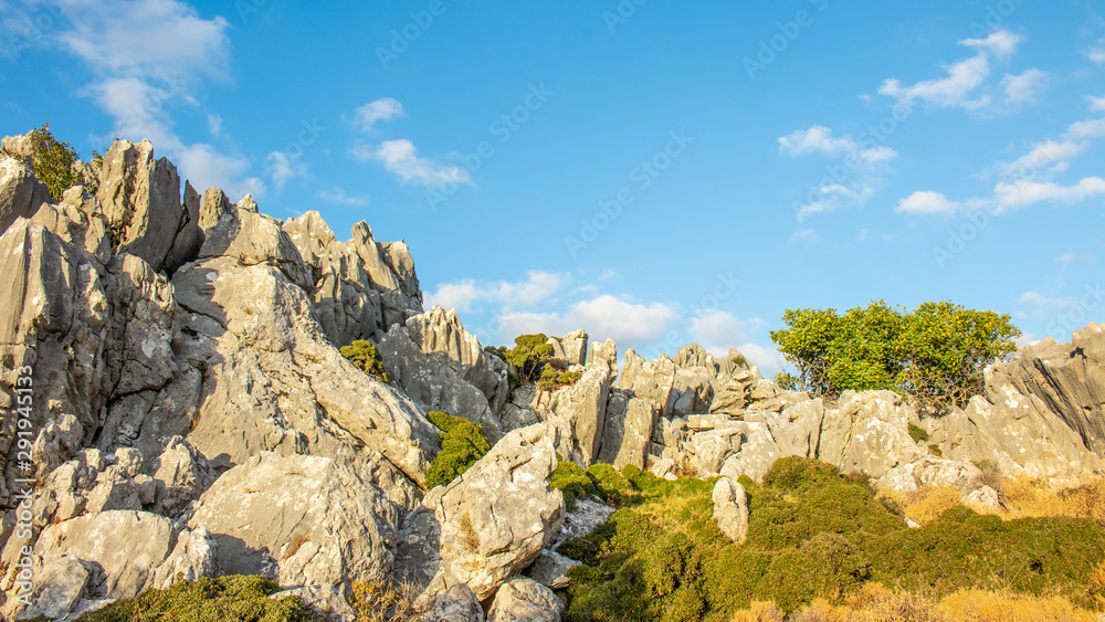Landscape with mountains and tree on them. Rocks with trees and blue sky. Greece, Crete.