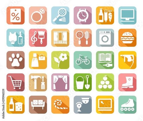 Shops, colored flat icons, vector. Different categories of stores. White icons on a colored field with a shadow.  