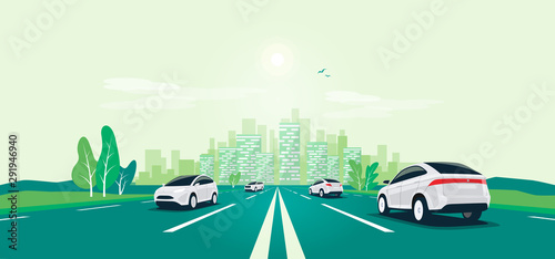 Traffic on the highway panoramic perspective horizon vanishing point view. Flat vector cartoon style illustration urban landscape motorway with cars, skyline city buildings and road going to the city. photo