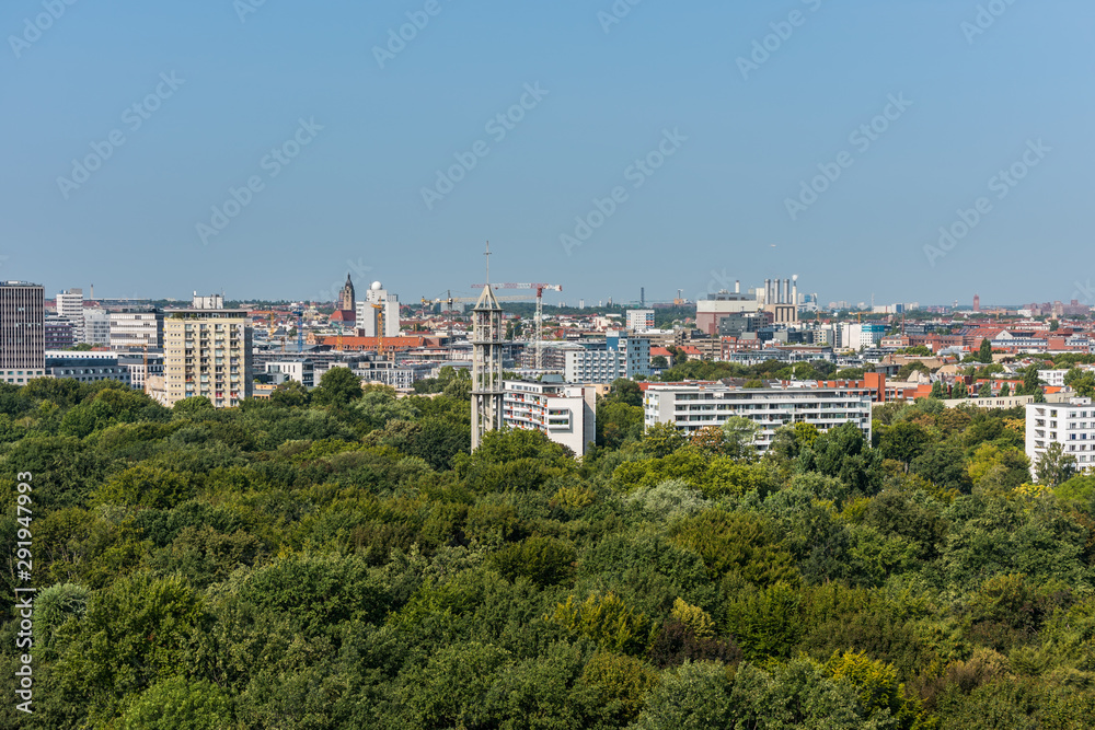 Panoramic city view of Berlin from the top of the Berlin Victory Column in Tiergarten, Berlin, with modern skylines and churches.