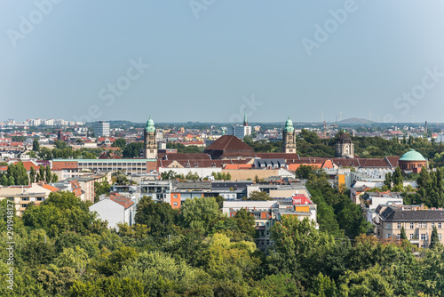 Panoramic city view of Berlin from the top of the Berlin Victory Column in Tiergarten, Berlin, with modern skylines and churches.