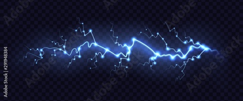 Lightning bolt isolated on transparent background. Realistic electric thunderbolt with glowing sparkles. Lighting flash effect vector illustration.
