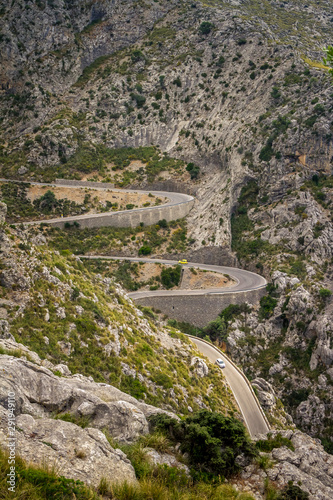 Road in the mountains. Beautiful landscape. Spain, Majorca. Aerial view