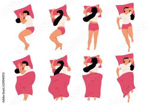 Woman sleeping in bed in different positions vector cartoon characters top view set isolated on a white background.