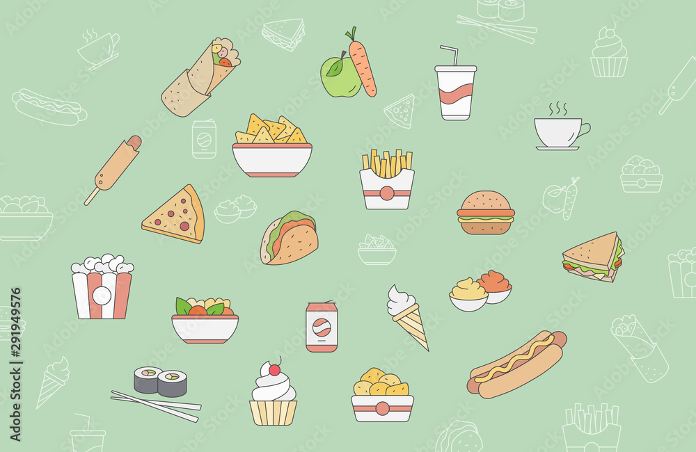 Fast food icons set - Vector color symbols and outline of sandwich, burger, hot dog, meat and desserts for the site or interface