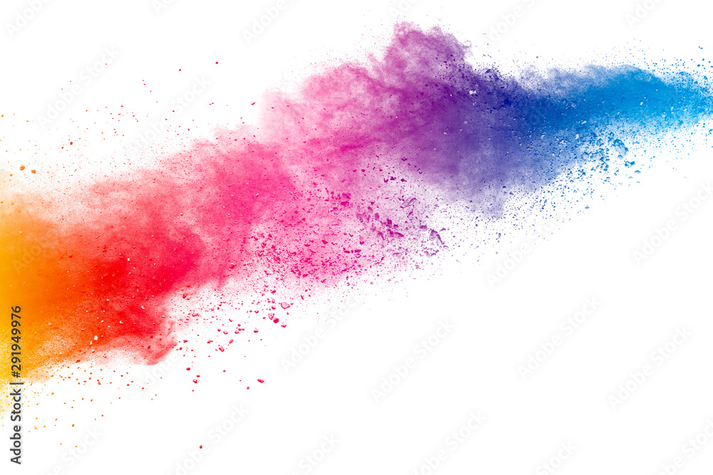 Colorful powder explosion on white background.Pastel color dust particle splashing.