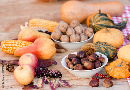 Harvest on table, healthy seasonal fruit and vegetable - thanksgiving