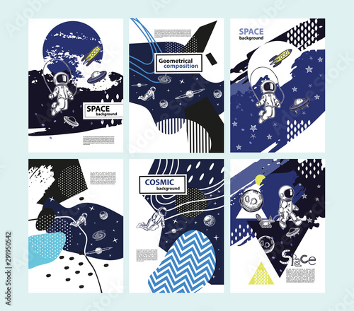 Set of space cover templates. Astronauts in space. Space objects.