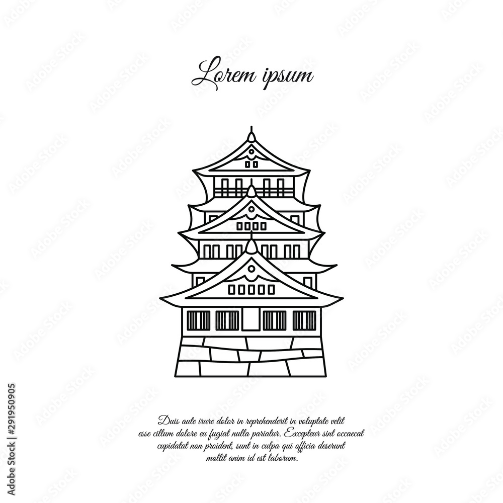 Osaka castle vector. Asian building or castle icon. Japan castle. Black line, linear symbol on white background