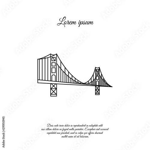 US symbol - Golden Gate Bridge. Vector landmark isolated over the white background. San Francisco, United States of America. Side view. Flat style illustration. Line, linear icon black logo. 
