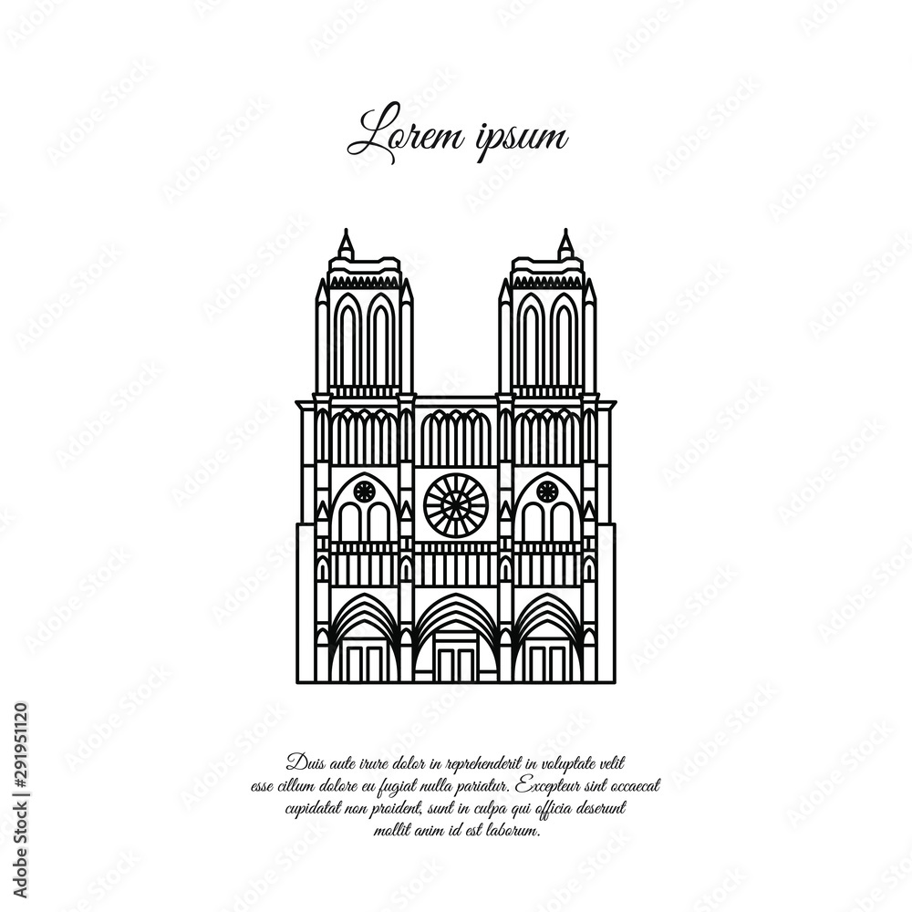 Notre Dame de Paris line vector. Travel vector banner or logo. The famous Cathedral of Notre Dame de Paris, France. French landmark. The Catholic Church in the center of Paris, Gothic architecture