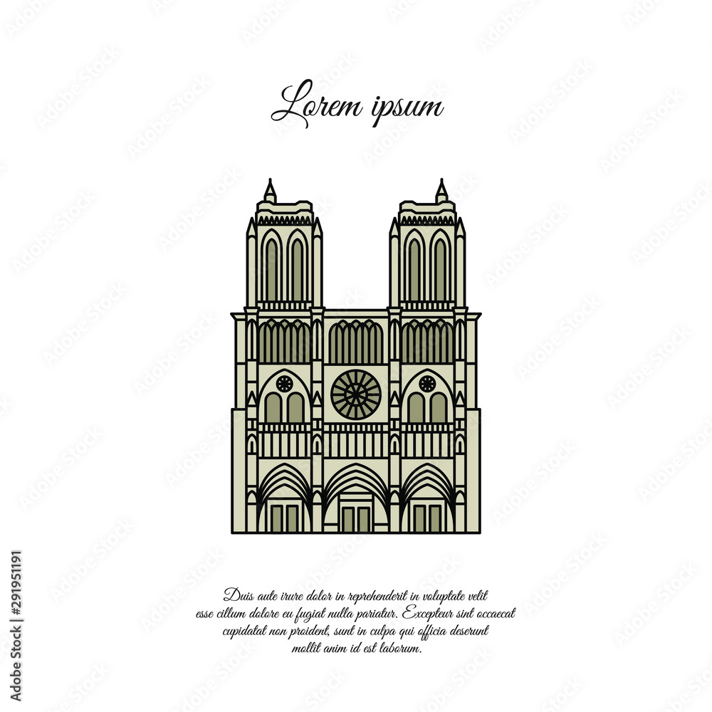Notre Dame de Paris color vector. Travel vector banner or logo. The famous Cathedral of Notre Dame de Paris, France. French landmark. The Catholic Church in the center of Paris, Gothic architecture