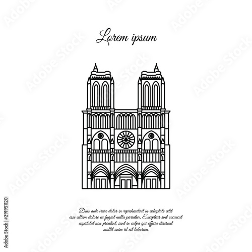 Notre Dame de Paris line vector. Travel vector banner or logo. The famous Cathedral of Notre Dame de Paris, France. French landmark. The Catholic Church in the center of Paris, Gothic architecture