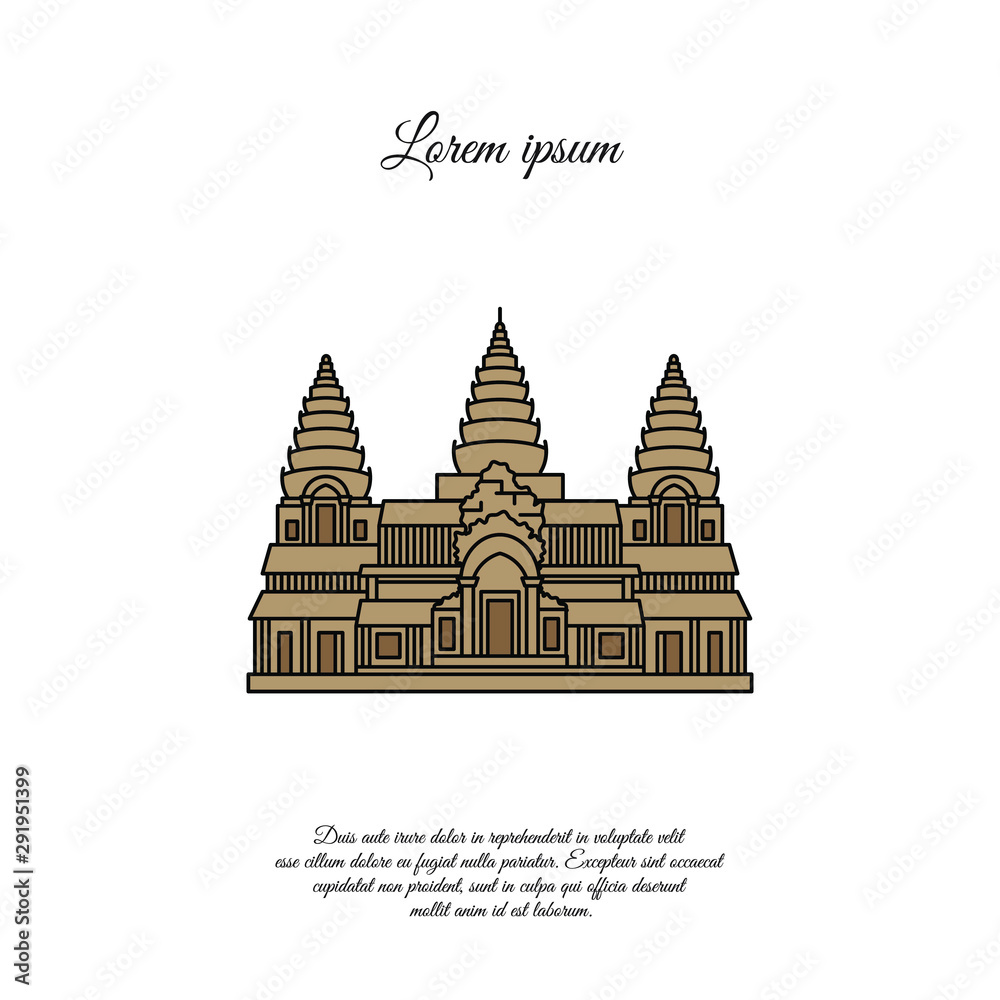 Obraz premium Angkor Wat vector icon isolated on white background, Angkor Wat sign, element design in outline style. Cambodia. Historical Landmarks Symbol. Editable Stroke. color