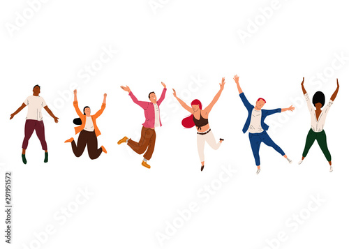 Happy jumping man and woman vector cartoon characters isolated on a white background.