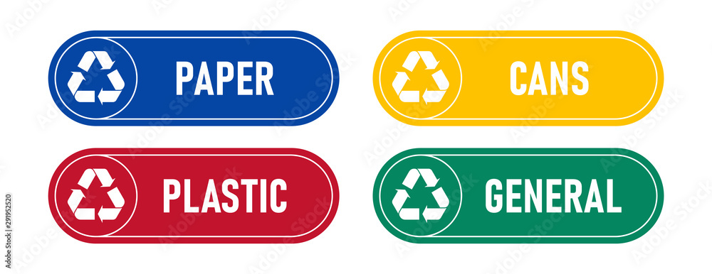 Recycling sings with waste products materials labels or stickers. Recycling sings with waste products materials labels or stickers.