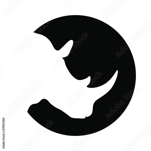Rhino graphic icon. Logo. Rhinoceros head white silhouette in the black circle Isolated on white background. Vector illustration