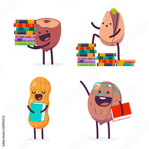 Cute nut with book vector cartoon characters set isolated on a white background.
