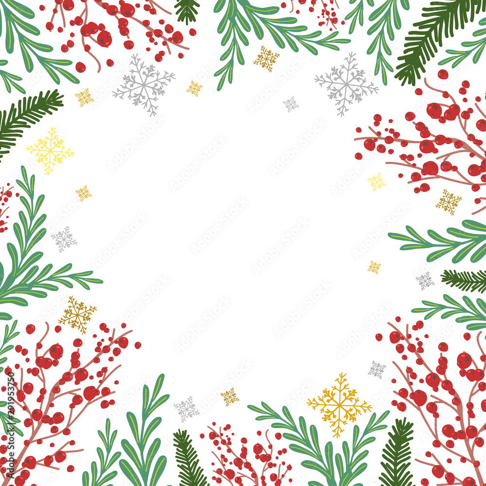 Winter frame with rowan, fir tree branches and snowflakes vector cartoon background. Winter frame with rowan, fir tree branches and snowflakes vector cartoon background.