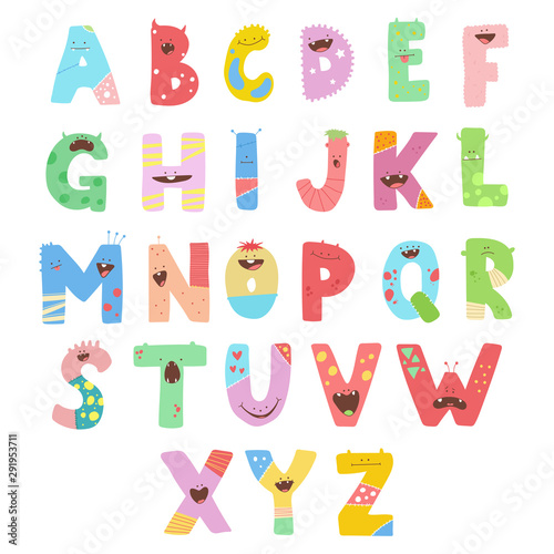 Halloween alphabet. Font with cute monsters face vector characters.