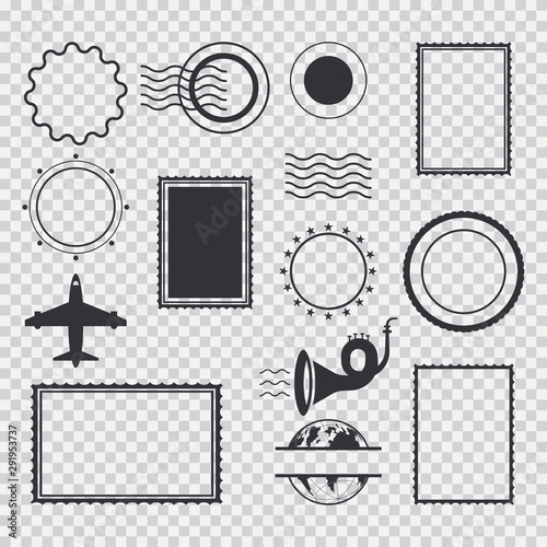 Post stamps border, frame vector template set isolated on a transparent background.