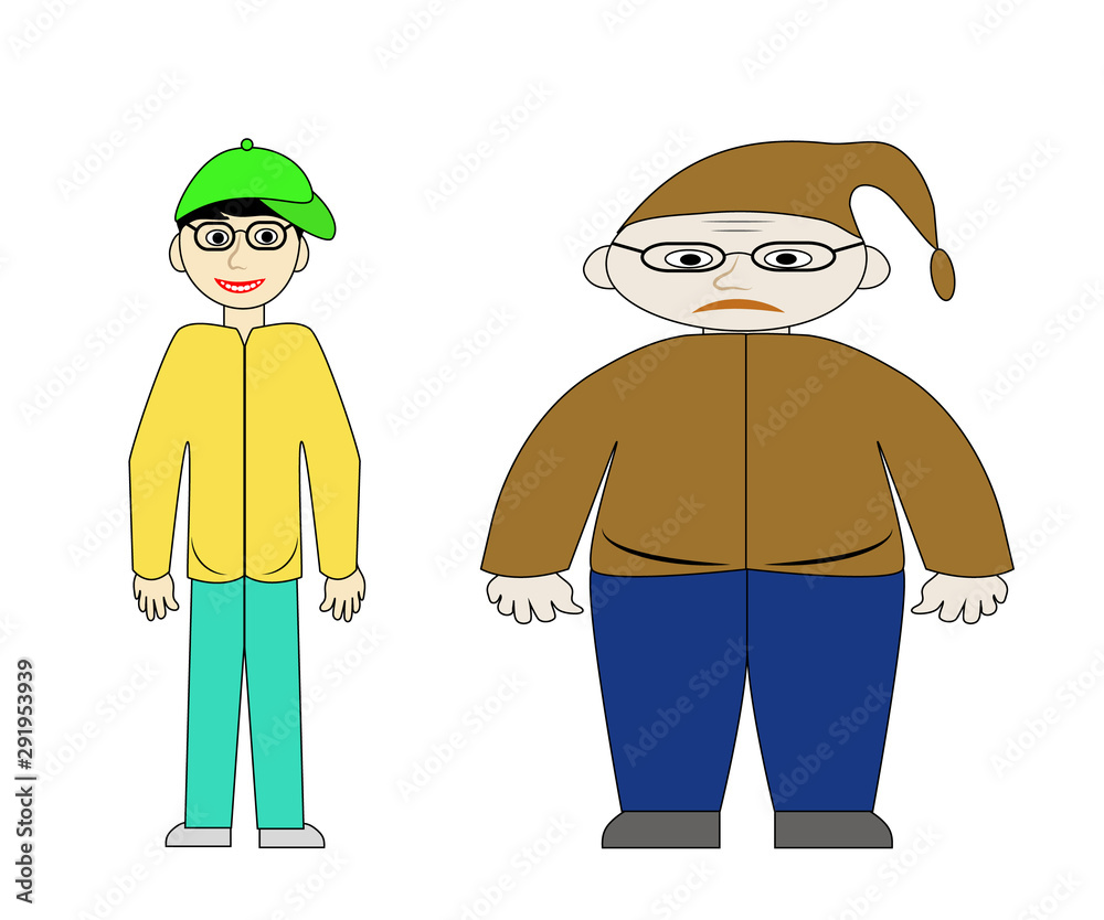 Overweight man and slim man after diet. Object isolated in vector. Overweight man and slim man after diet. Object isolated in vector.