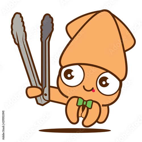 Cartoon cute squid with bowtie holding a grill tongs, vector mascot character. Korean BBQ grill squid character mascot. - vector