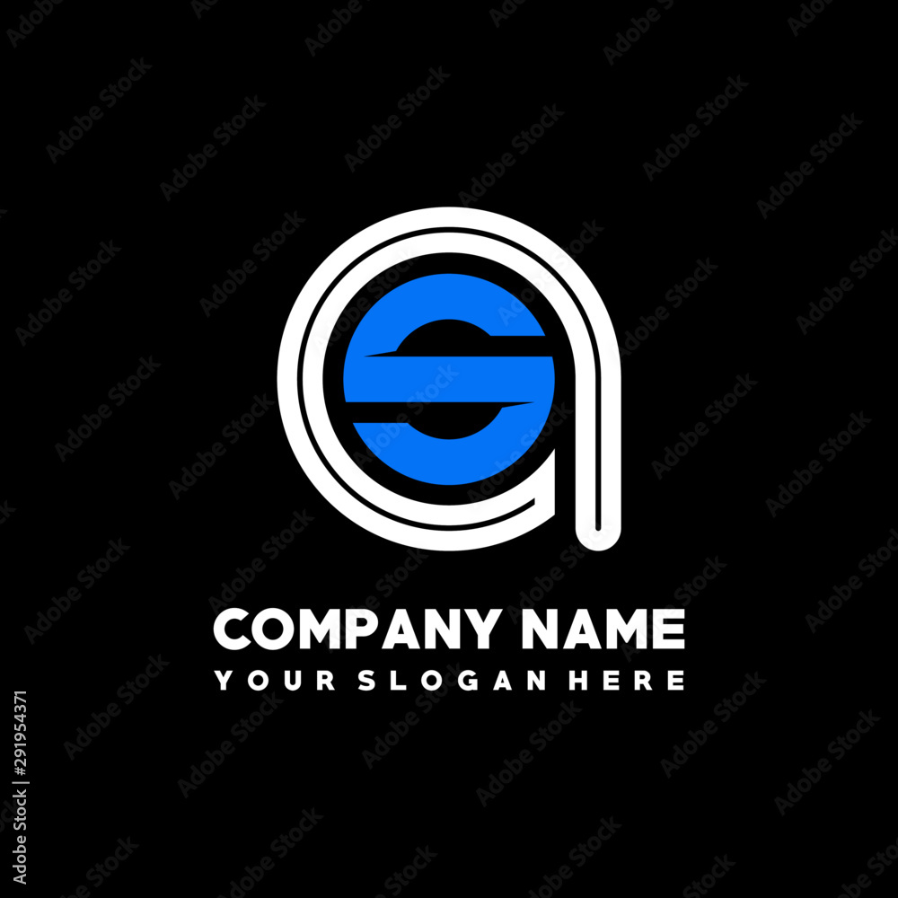 Initial lowercase letter AS, linked circle outline logo elegant, color white, blue on black background