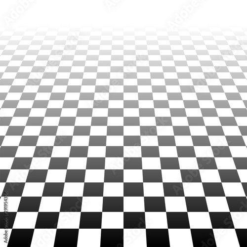 Chessboard, checkerboard surface vanishing into horizon. 3d plane scene, virtual interior room