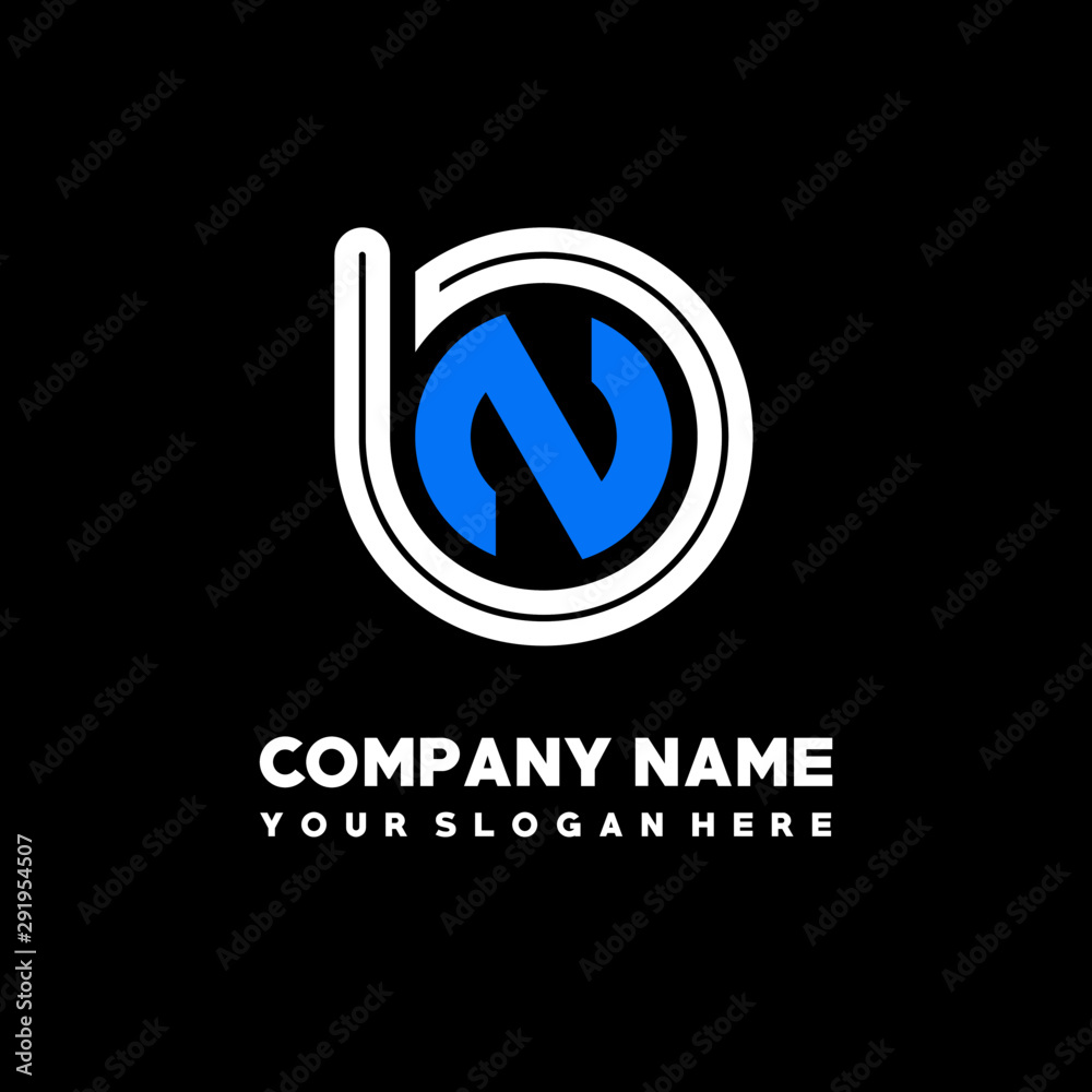 Initial lowercase letter BN, linked circle outline logo elegant, color white, blue on black background Initial lowercase letter BN, linked circle outline logo elegant, color white, blue on black background