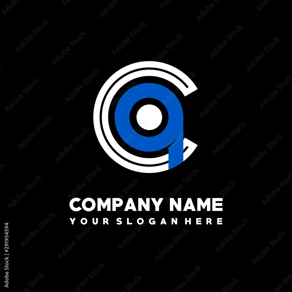 Initial lowercase letter CQ, linked circle outline logo elegant, color white, blue on black background